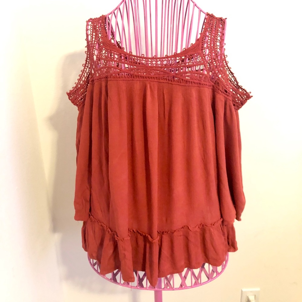 Red Lace Boho Cold Shoulder Long Sleeve Shirt